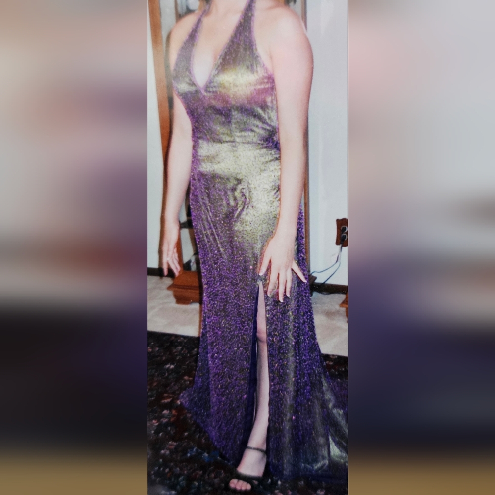 Je Matadi Gown Beaded Silk Fabric Shell Prom Formal Glam Purple Green Dress - Picture 14 of 17